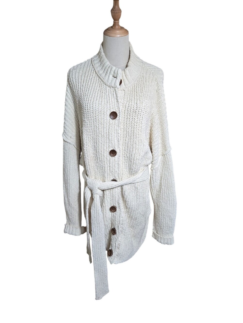 Free People Brooklyn Belted Cream Button-Front Belted Knit Cardigan
